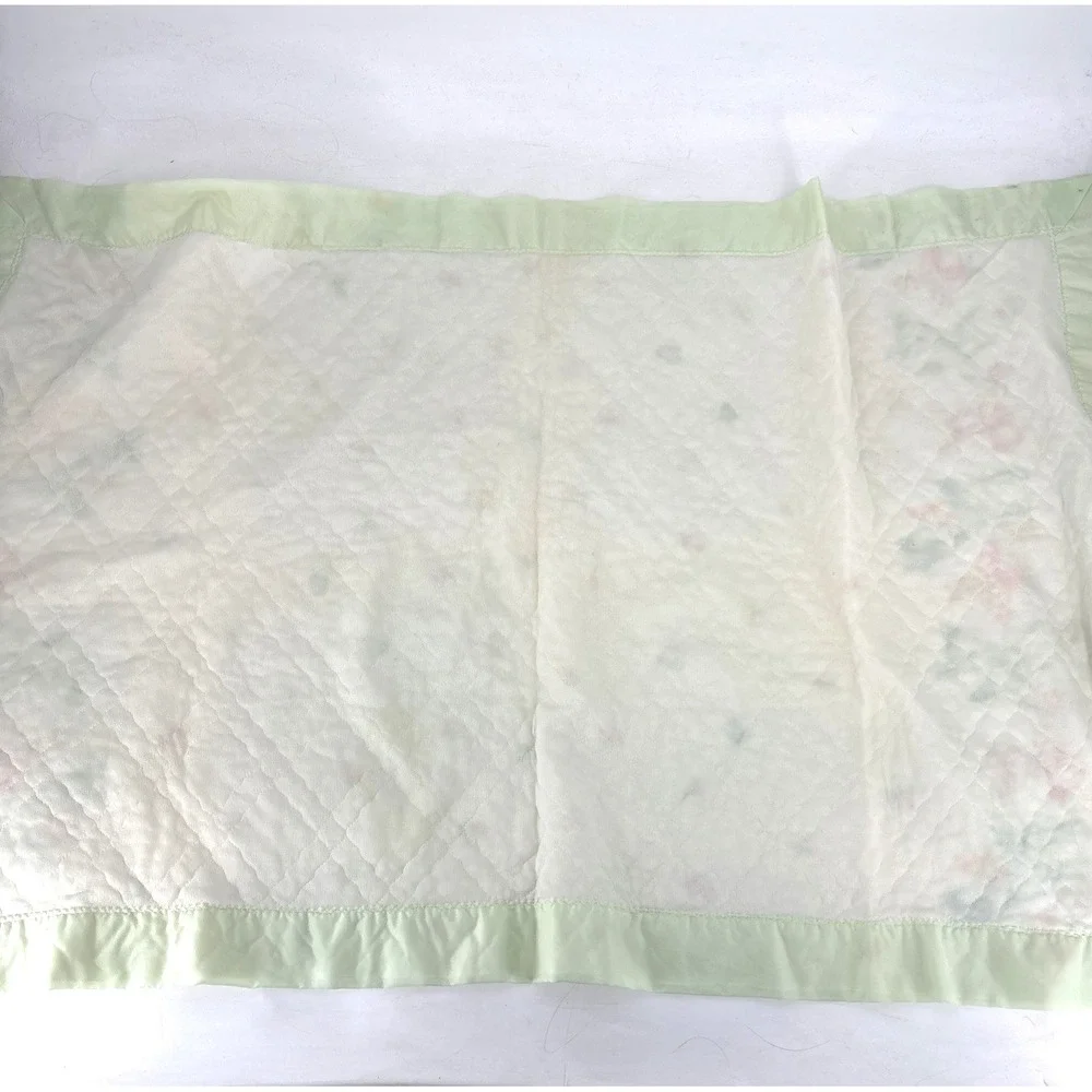 Vintage 70s  Acrylic Baby Blanket Satin Trim Woodland Mushrooms Dear Bunny Chick